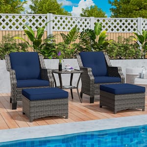 Brown 5-Piece Wicker Patio Conversation Set Outdoor Lounge Chair with Blue Cushions