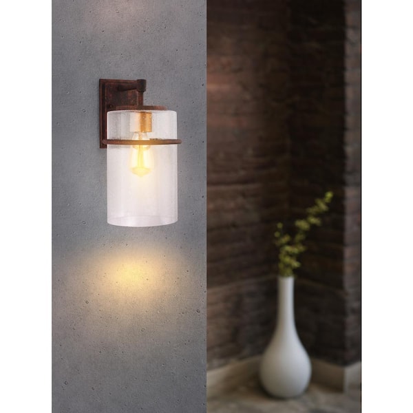 Brandel 1-Light Rust Outdoor Wall Light Sconce with Gold Accent and Clear Seedy Glass Shade