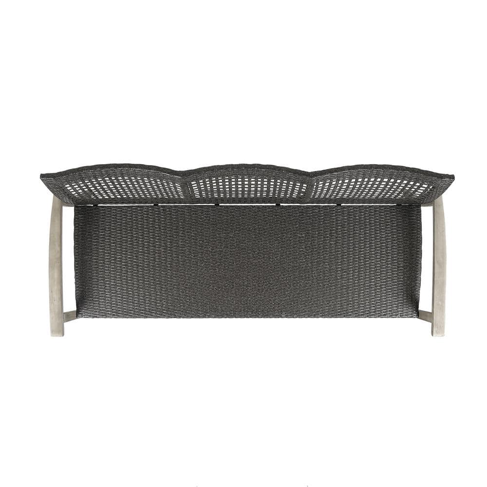 Marcia Light Gray Wood and Black Wicker Three-Seat Outdoor Sofa