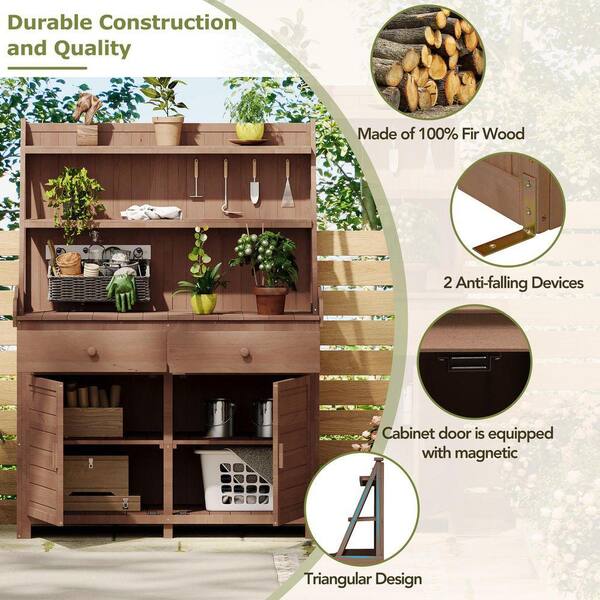Brown Fir Wood 47 in. W x 65 in. H Garden Potting Bench Table