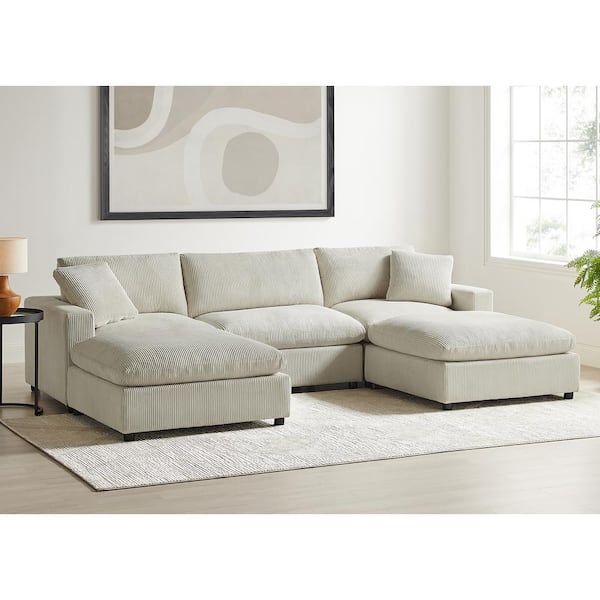 Casella 120 in. Square Arm 5-Piece Corduroy Fabric Modular Chofa Sectional in Beige Corduroy