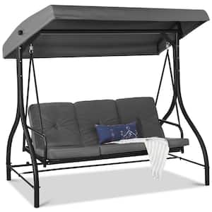 3-Person Canopy Porch Swing with Gray Cushions
