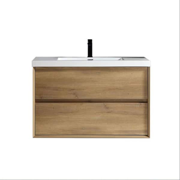 Kingdee 36 in. W x 20 in. D x 26 in. H Single Sink Floating Bath Vanity in Teak Oak with White Acrylic Top