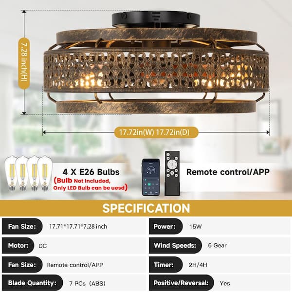 18 in. Indoor Caged Ceiling Fan with Light, Low Profile Flush Mount Ceiling Fan with Remote Control-Black Sweep Gold