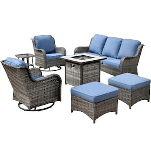 New Kenard Gray 7-Piece Wicker Patio Fire Pit Conversation Set with Denim Blue Cushions and Swivel Rocking Chairs
