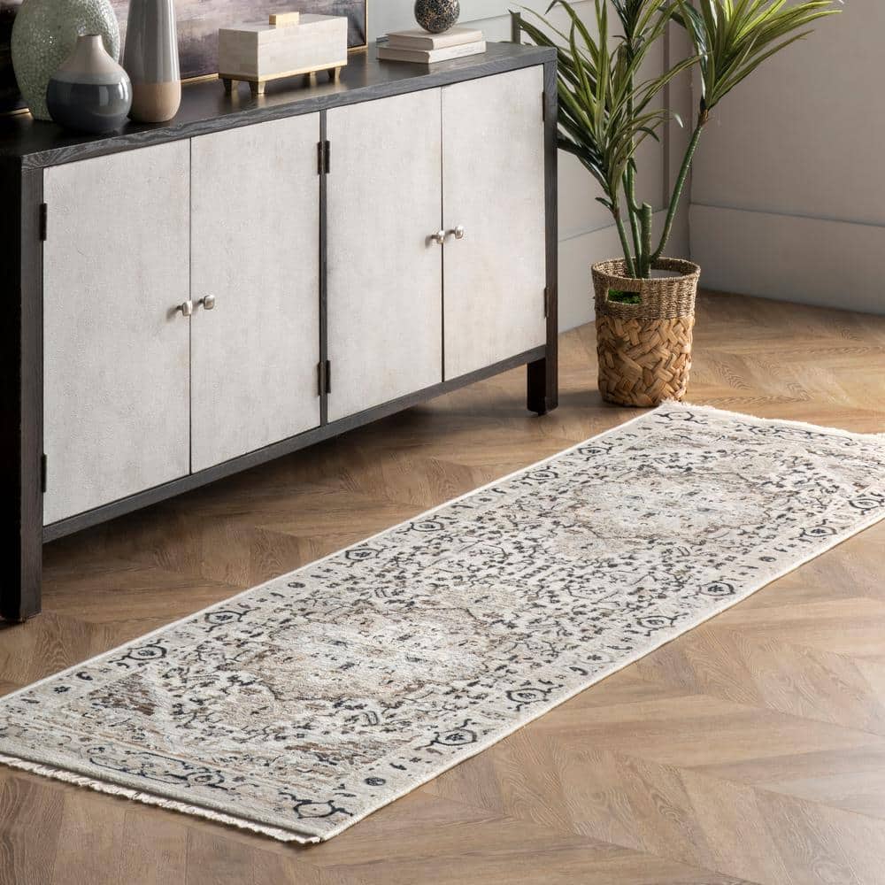 Beige Tufted Synthetic Medallion Runner Rug, 2'8" x 8'