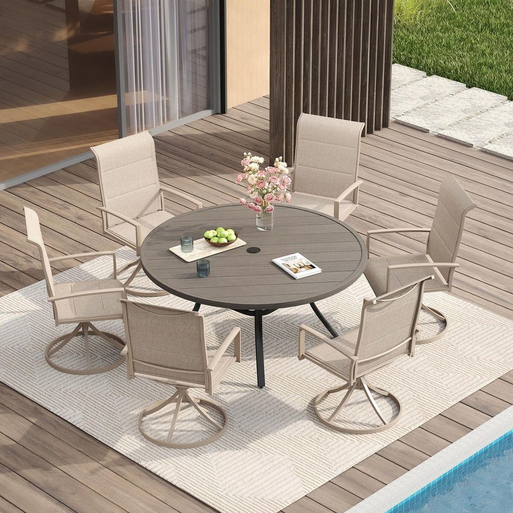 7-Piece Metal Outdoor Dining Set with Gray Wood-Like Round Table and 6 Sandshell Swivel Dining Chairs for 6 Person price history on PriceWatchPro