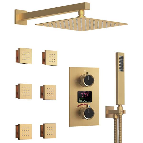 GRANDJOY Pressure Balance Shower 3-Spray Wall Mount 12 in. Fixed and Handheld Shower Head 2.5 GPM in Brushed Gold Valve Included