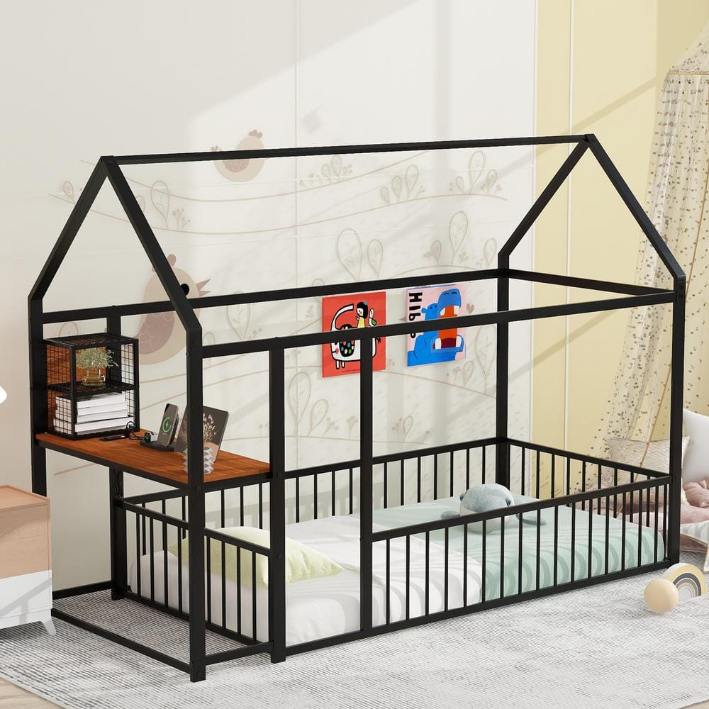 Harper & Bright Designs Black Twin Size Metal Frame House Bed with ...