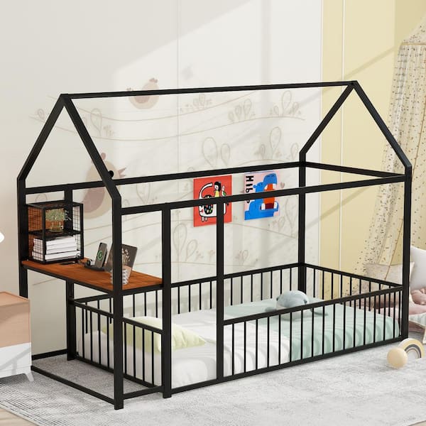 Harper & Bright Designs Black Twin Size Metal Frame House Bed with ...