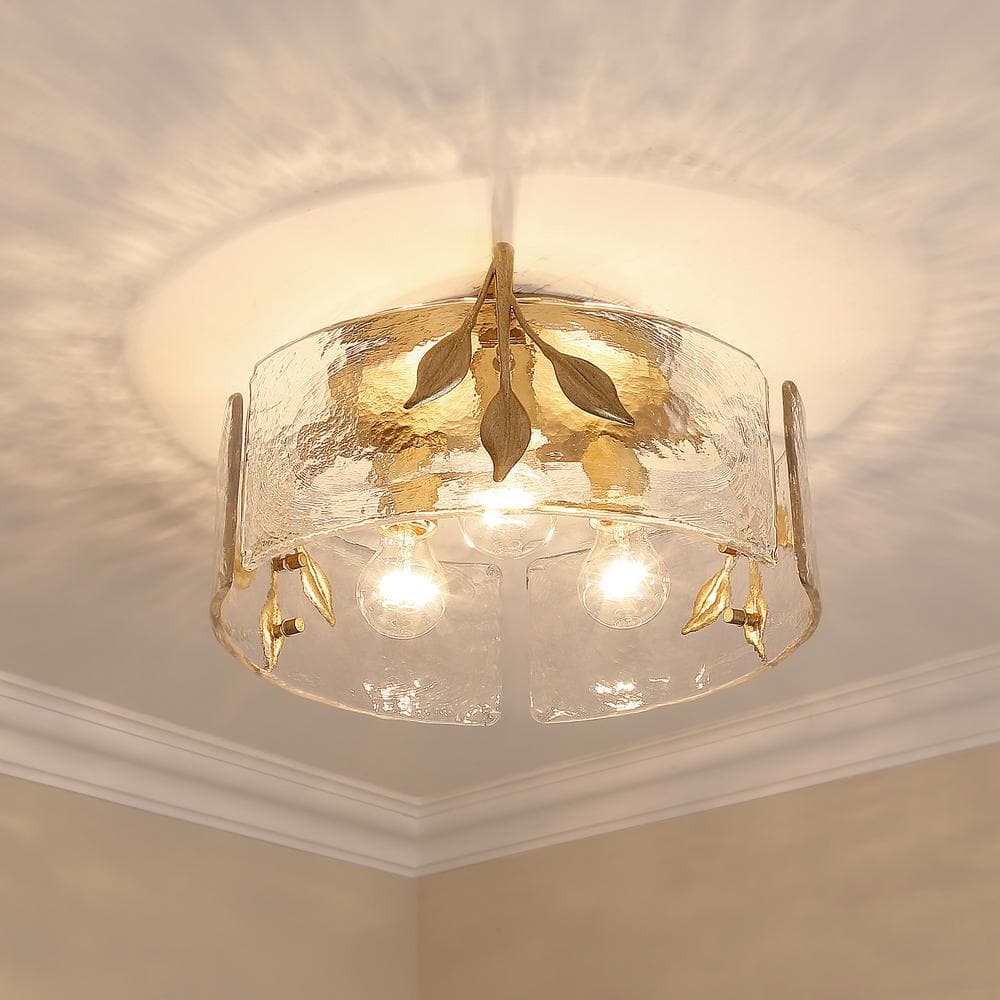 White Gold Glass Drum Flush Mount Light Fixture