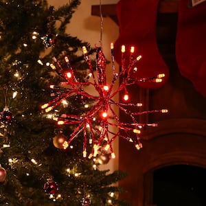 10 in. Tall Christmas Twig Snowflake Ornament with LED Lights, Red