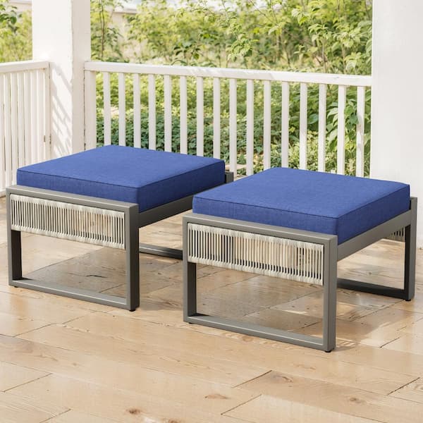 moosprr Modern Industrial Light Beige Wicker Outdoor Ottoman with Olefin Blue Cushions (2-Pack)