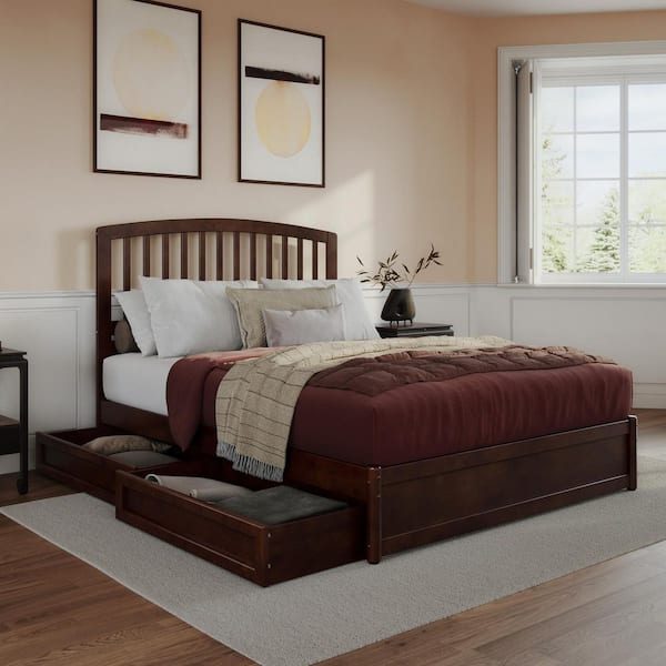 Lucia Walnut Brown Solid Wood Frame Queen Platform Bed with Panel Footboard and Storage Drawers