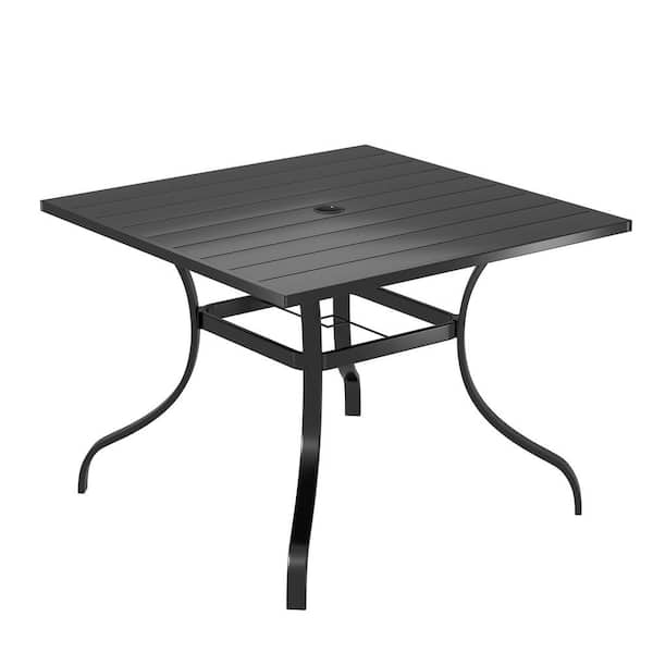 Clihome Square Patio Dining Table for 4 with Umbrella Hole, Rust-Resistant Iron Slat Top, Easy to Clean, Weather-Resistant