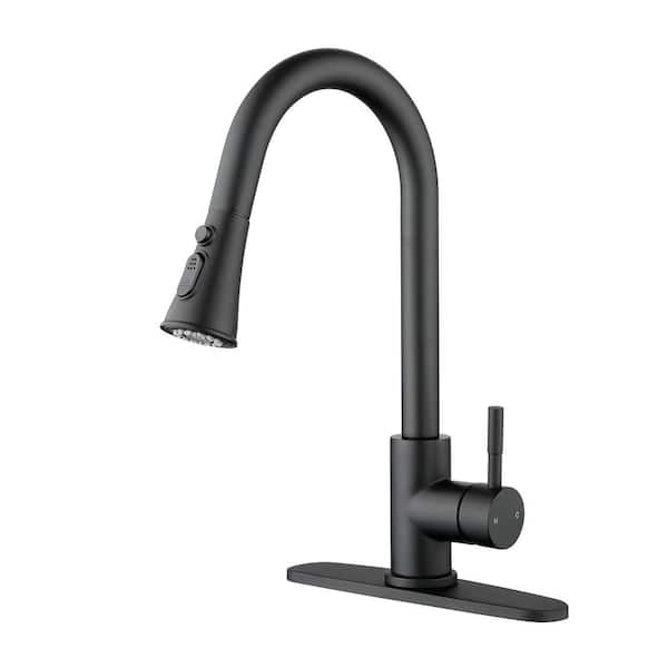WELLFOR Single Handle Pull Down Sprayer Kitchen Faucet with Deckplate in Matte Black