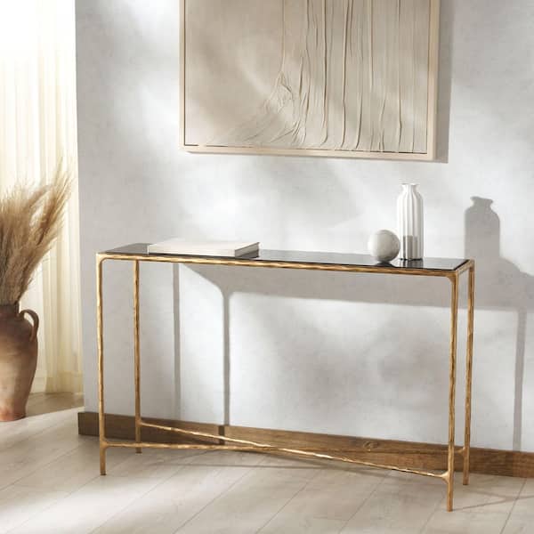 Jessa 48 in. Brass/Black Rectangle Marble Top Console Table, Modern Metal Accent for Entryway or Living Room