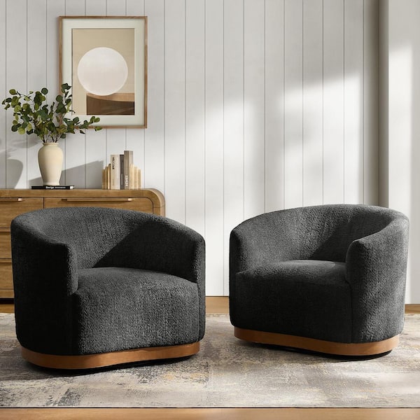 Elda Black Polyester Armchair (Set of 2) with Curved Backrest and 360° Swivel Base