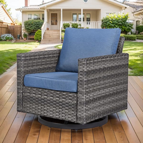 Gray Wicker Outdoor Rocking Chair, Patio Swivel Glider Chair with Navy Blue Cushions for Porch or Balcony (1-Pack)