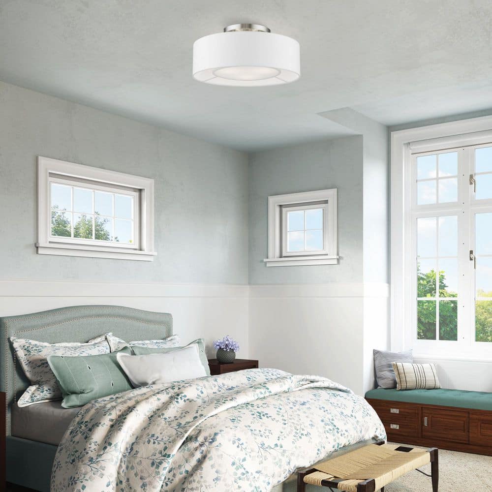 Elegant Brushed Nickel 3-Light Semi-Flush Mount with Off-White Drum Shade