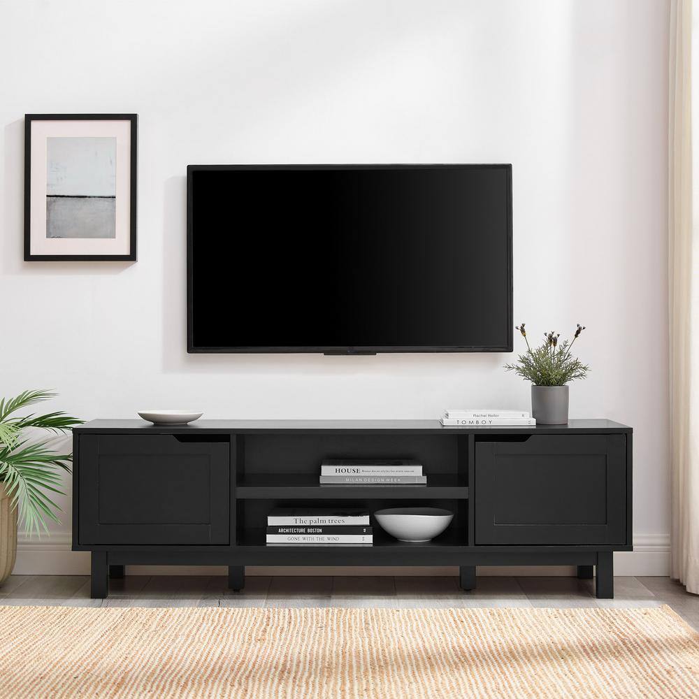 58" Solid Black Wood TV Stand with Cabinet for TVs up to 65 inches