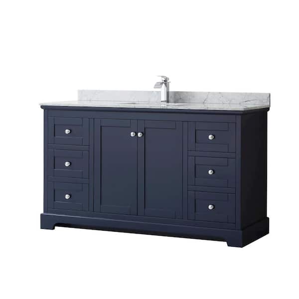 Wyndham Collection Avery 60 in. W x 22 in. D x 35 in. H Single Bath Vanity in Dark Blue with White Carrara Marble Top