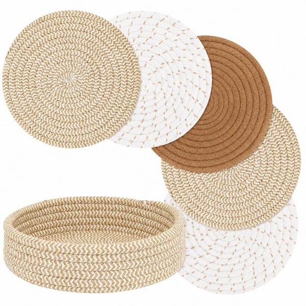 5 Pieces Mix Brown Trivets w/ Storage Basket, Pot Holder for Kitchen, Heat Resistant Mat Protect Counter Home Essentials