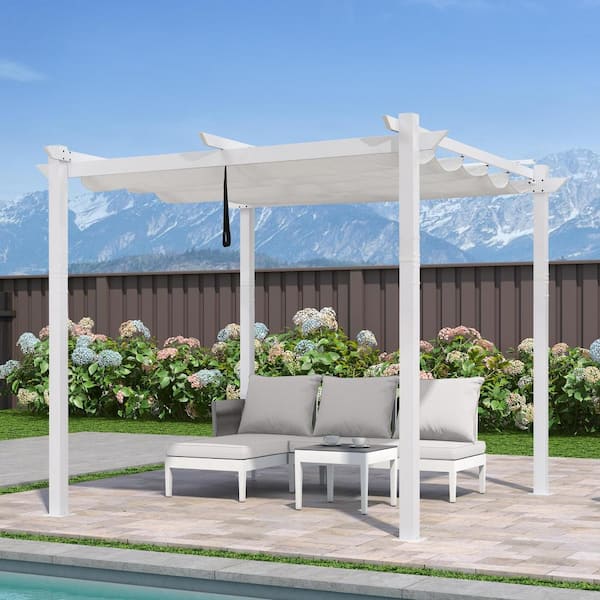 PURPLE LEAF 10 ft. x 10 ft. White Aluminum Frame Patio Pergola Gazebo with White Retractable Sunshade Canopy and Extra Top Roof