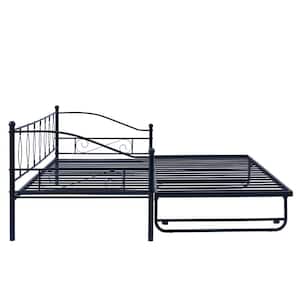 Black Metal Twin Size Daybed with Adjustable Portable Folding Trundle-A (40.75in. W x 35.5 in. H)