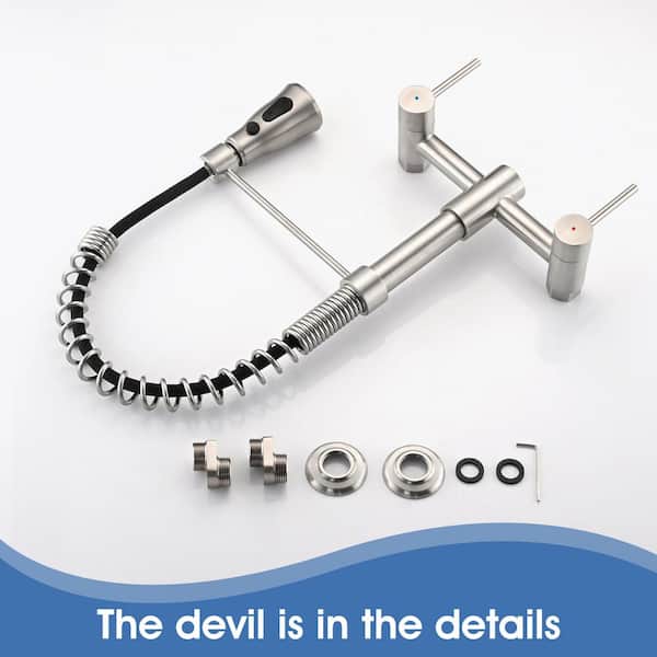 Wall Mount Stainless Steel Double Handle Pull Down Sprayer Kitchen Faucet with 3 Spray Patterns in Brushed Nickel