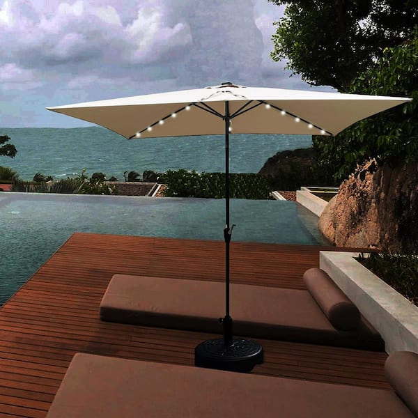 10 ft. x 6.5 ft. Metal Market Solar Tilt Patio Umbrella in Mushroom with Solar Led Lights and Crank