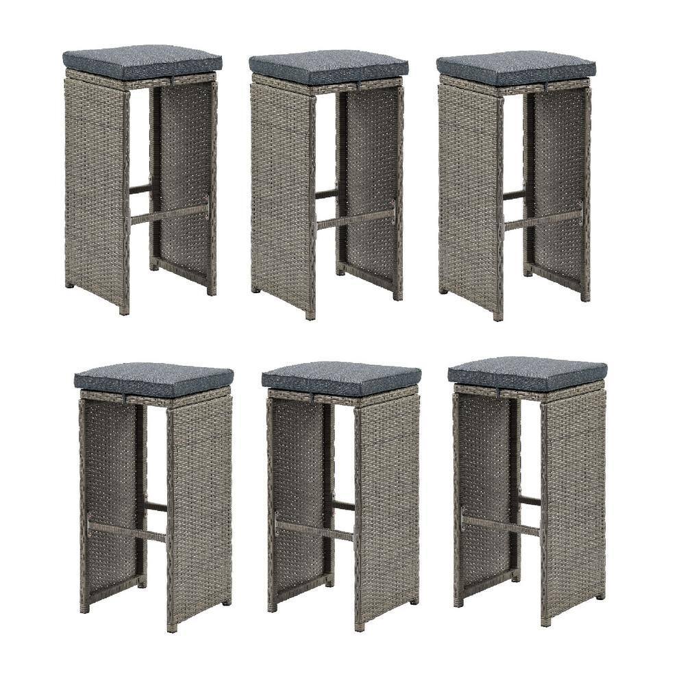 Asti 30" Gray All-Weather Wicker Outdoor Pub Stools with Cushions - Set of 6
