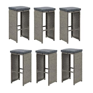 Asti 30 in. H All-Weather Wicker Outdoor Pub Stools with Gray Cushions (Set of 6)