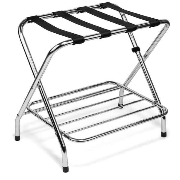2-Tier Metal Chrome Luggage Rack Extra Storage Suitcase Stand No Assembly Required Foldable for Easy Storage