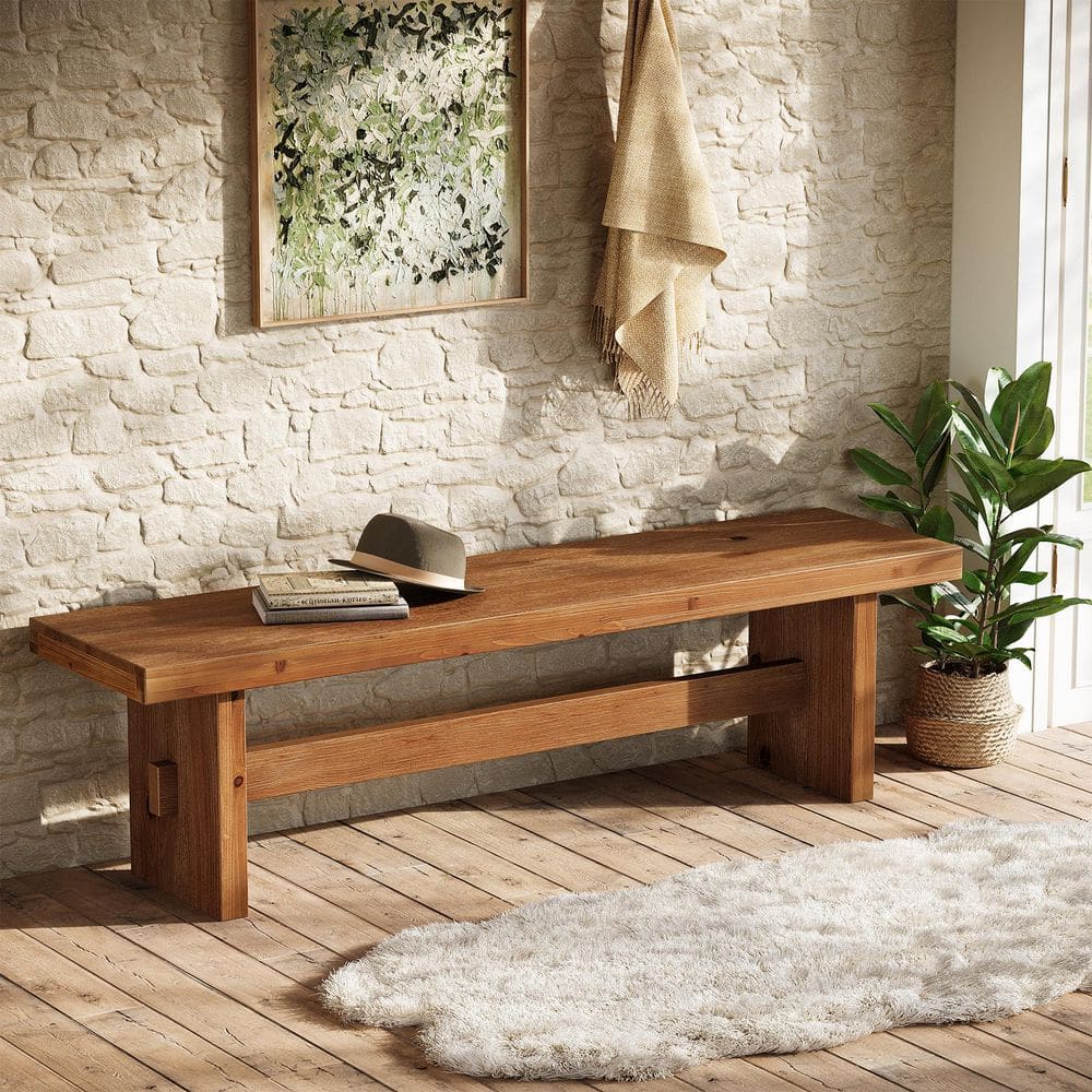 63 in. Brown Solid Wood Farmhouse Entryway Shoe Bench, Backless Dining Bench for Living Room, Hallway, Bedroom