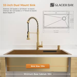 33 in. Drop-In Single Bowl 18-Gauge Gold Stainless Steel Workstation Kitchen Sink with Waterfall and Pull-Down Faucet