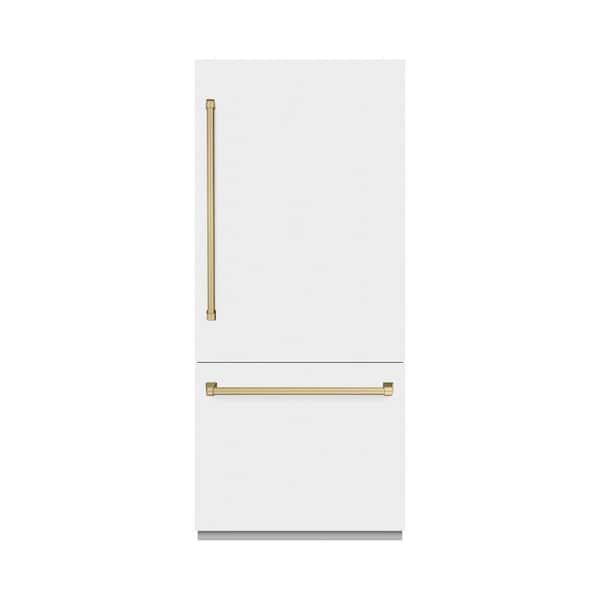 ZLINE Kitchen and Bath 36 in. 19.8 cu. ft. Built-in Bottom Freezer Refrigerator with Water Dispenser in Matte White w/ Champagne Bronze Accents