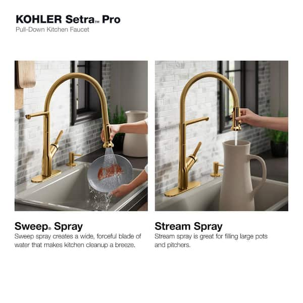 KOHLER - Setra Single-Handle Semi-Professional Kitchen Sink Faucet with Soap Dispenser in Vibrant Brushed Moderne Brass