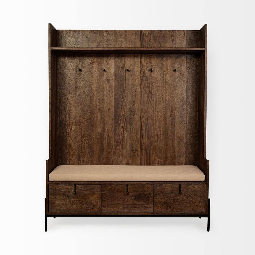 Glenn V Dark Brown Mango Wood Hall Tree with Storage and Cream Fabric Seat