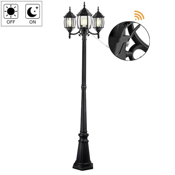 85.5 in. 3-Light Matte Black Metal Hardwired Outdoor Rust Resistant Dusk to Dawn Post Light Set with No Bulbs Included
