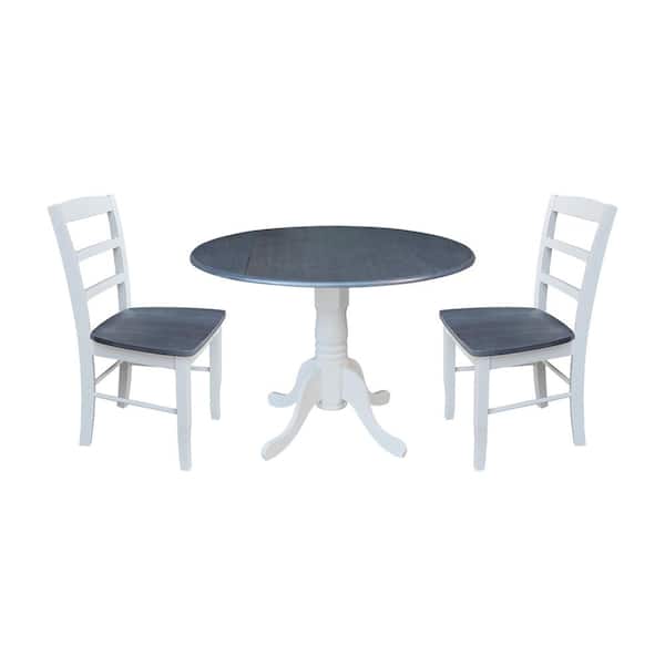 International Concepts 3-Piece Set White / Heather Gray 42 in. Round Solid Wood Dining Table with 2-Side Chairs
