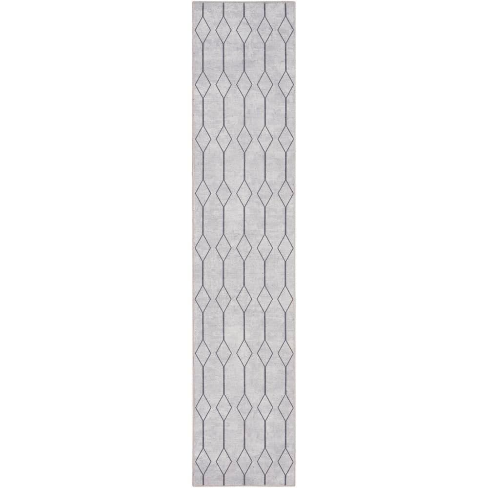 Ivory and Grey Geometric Cotton Synthetic Runner Rug