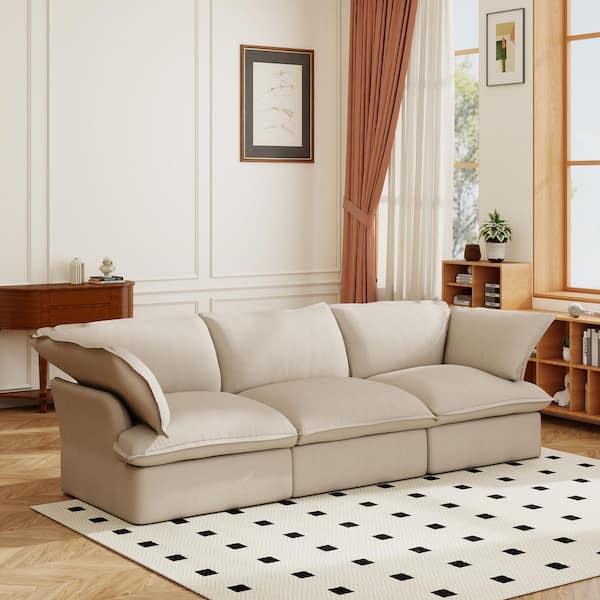 Down Filled Cloud Couch 123 in. Flared Arm 3-piece Plush Linen Convertible Modular Sectional Sofa in Beige for Apartment