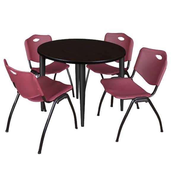 Regency Trueno 36 in. Round Mocha Walnut and Black Wood Breakroom Table and 4-Burgundy 'M' Stack Chairs (Seats-4)