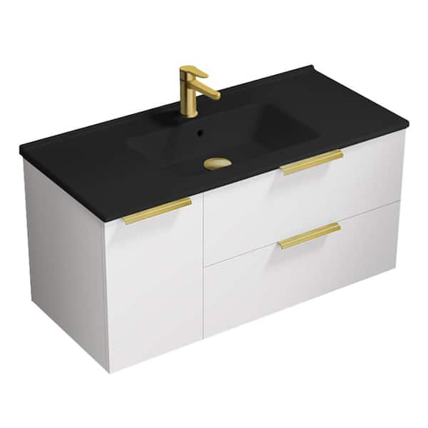 Bodrum 39.4 in. Modern Freestanding Bath vanity in Glossy White with Matte Black Ceramic Top