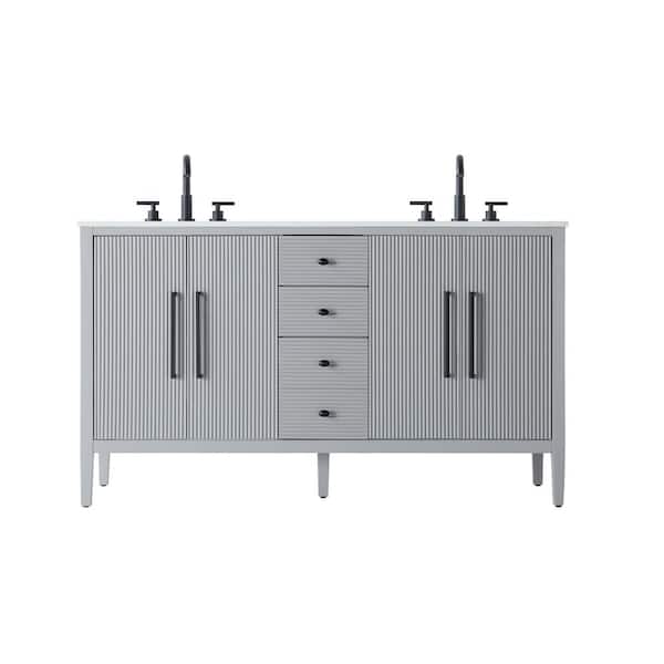 60 in. Double Sink Grey Bath Vanity with White Engineered Marble Top