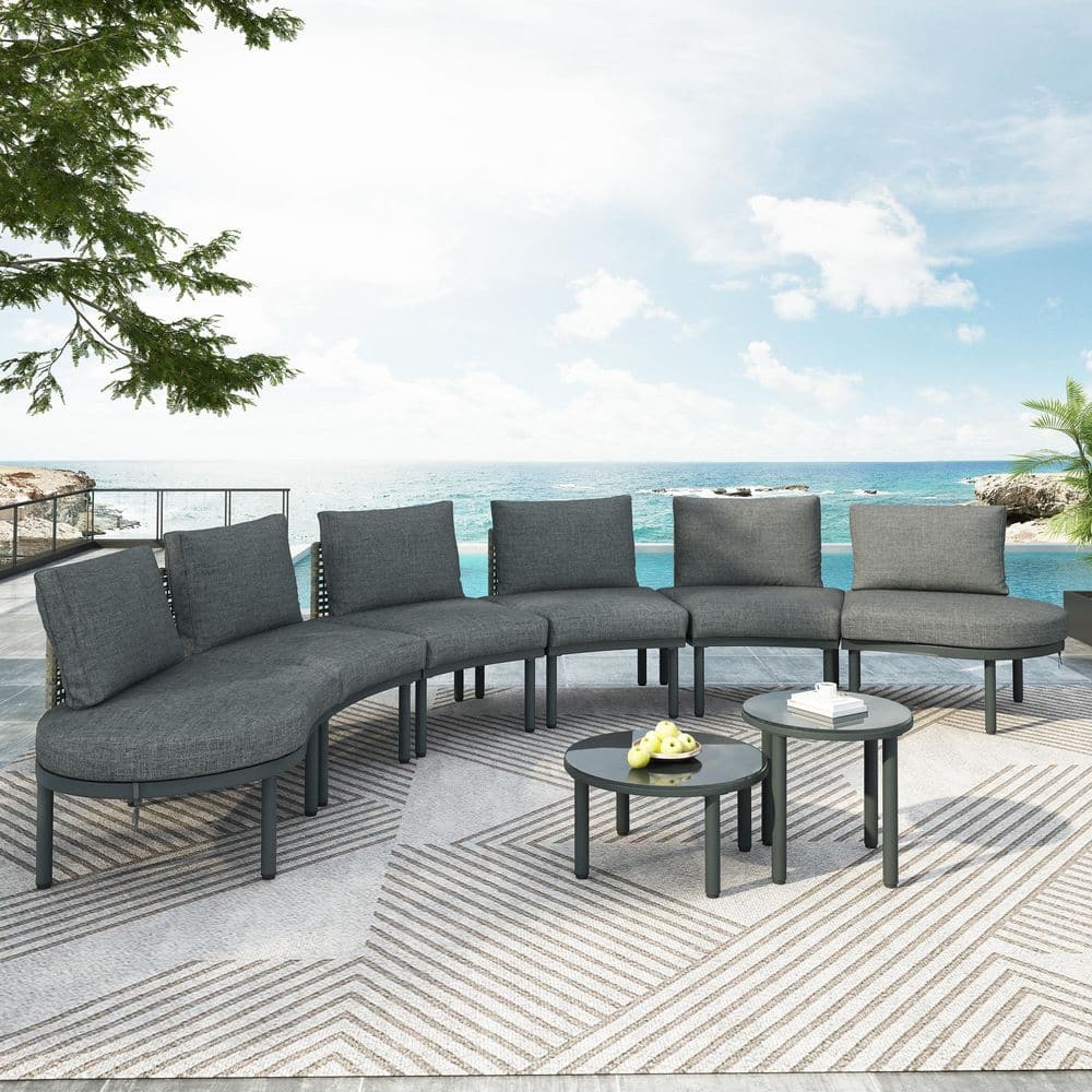 6 Seat 8-Piece Aluminum Patio Sofa Furniture Set, Outdoor Half Moon Section