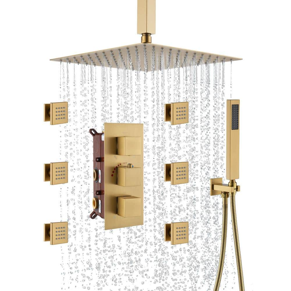 CASAINC Luxury 3-Spray 12 in. Dual Shower Head and Handheld Shower Head Ceiling Mount 2.5 GPM with 6-Body Jets in Brushed Gold