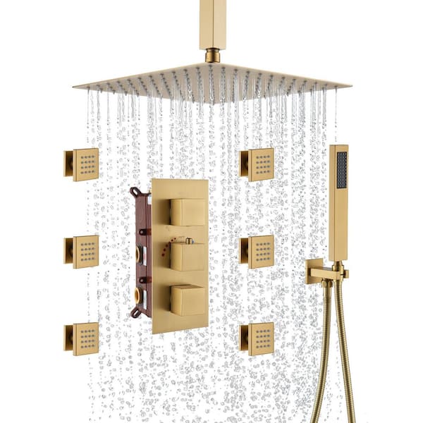 CASAINC Luxury 3-Spray 12 in. Dual Shower Head and Handheld Shower Head Ceiling Mount 2.5 GPM with 6-Body Jets in Brushed Gold