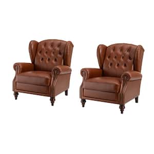 Pablo Brown 33 in. Wide Genuine Leather Arm Chair with Solid Tapered Wood Legs and Classic Wingback Design (Set of 2)